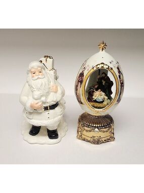 Home For The Holiday Porcelain Egg-Shaped Musical Box Revolving Nativity/Santa